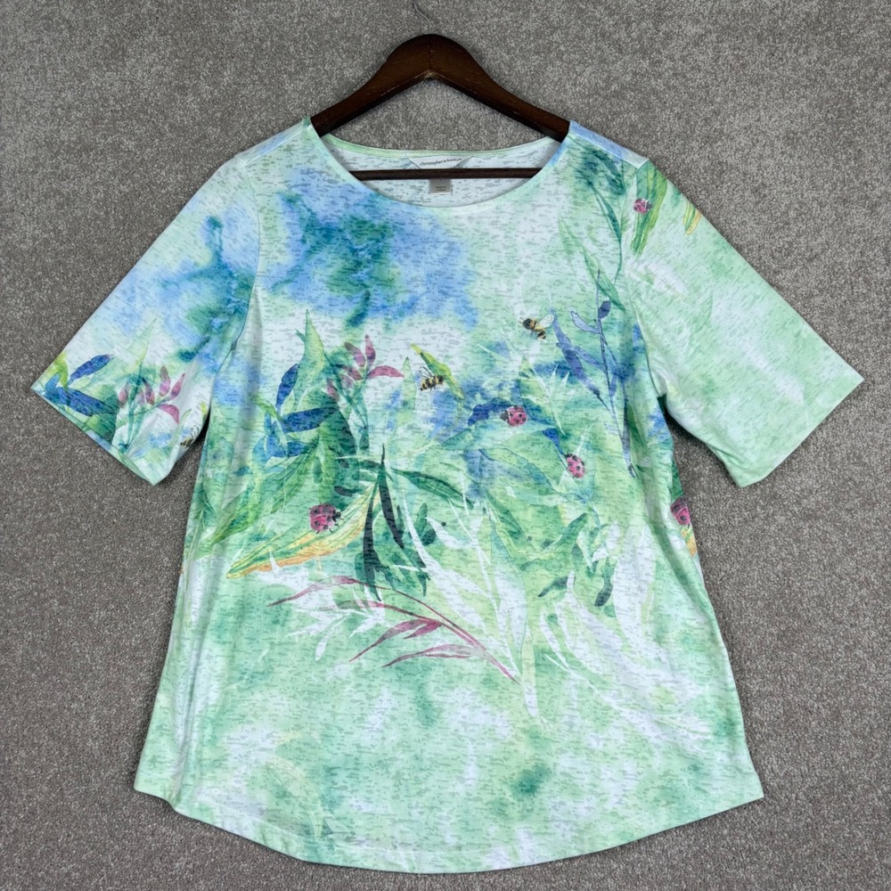 Christopher & Banks Watercolor Garden Ladybug Bee Burnout Top Green Blue Large